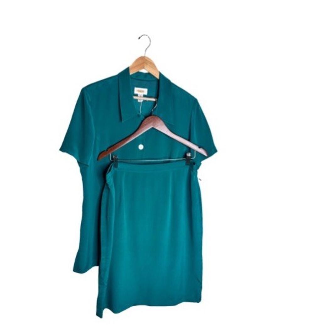 Vintage Talbots Skirt Set Silk Teal Size 16 Lightweight Shell Buttons 90s NWT